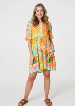 Izabel London Orange Tropical Tile Print Smock Dress