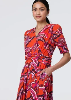 Izabel London Orange Tropical Print Faux Wrap Midi Dress