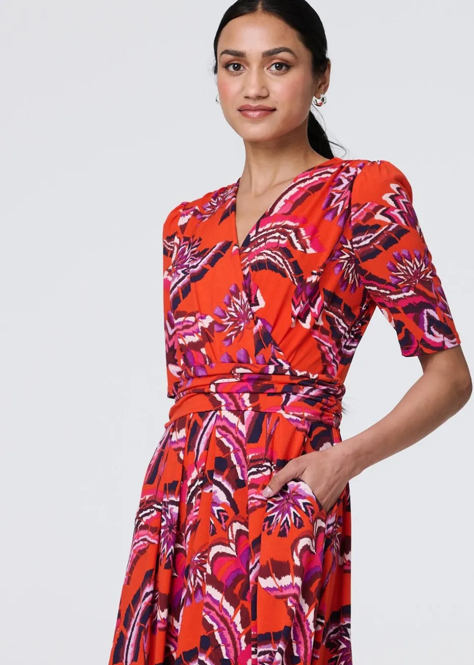 Izabel London Orange Tropical Print Faux Wrap Midi Dress