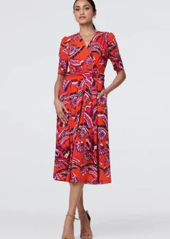 Izabel London Orange Tropical Print Faux Wrap Midi Dress