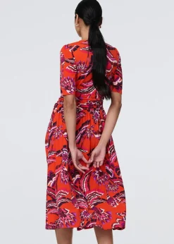 Izabel London Orange Tropical Print Faux Wrap Midi Dress