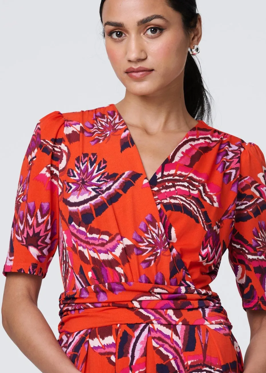 Izabel London Orange Tropical Print Faux Wrap Midi Dress