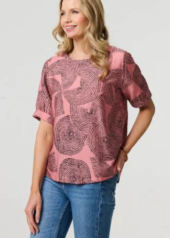 Izabel London Pink Abstract 1/2 Sleeve Relaxed Top