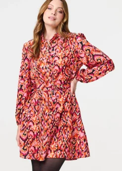 Izabel London Pink Abstract Print Belt Detail Shirt Dress