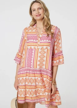 Izabel London Pink Aztec Print V-Neck Short Dress