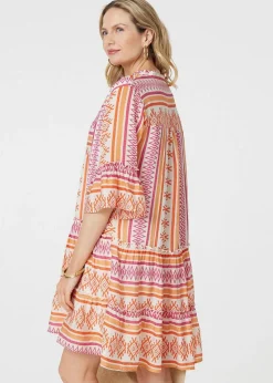 Izabel London Pink Aztec Print V-Neck Short Dress