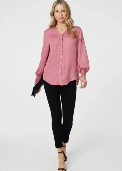 Izabel London Pink Collarless Button Up Long Sleeve Shirt