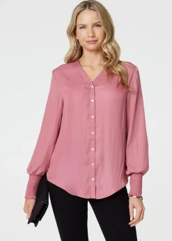 Izabel London Pink Collarless Button Up Long Sleeve Shirt