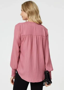 Izabel London Pink Collarless Button Up Long Sleeve Shirt