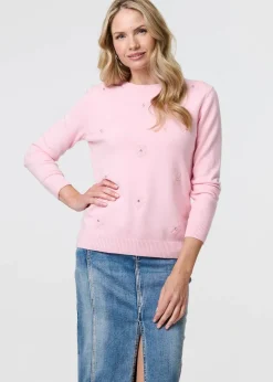 Izabel London Pink Floral Gemstone Embellished Jumper