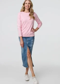 Izabel London Pink Floral Gemstone Embellished Jumper