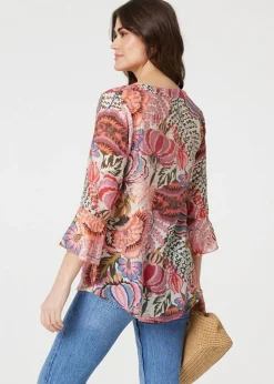 Izabel London Pink Floral 3/4 Frill Sleeve Relaxed Blouse
