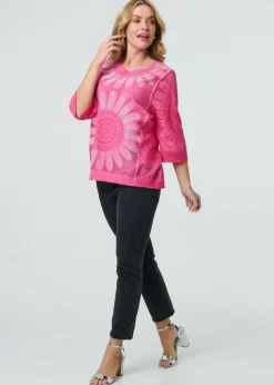 Izabel London Pink Floral Diamante Stud 3/4 Sleeve Knit Top