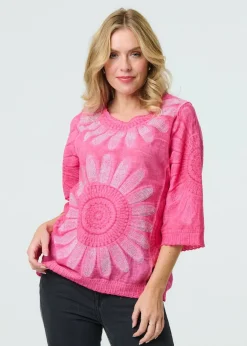 Izabel London Pink Floral Diamante Stud 3/4 Sleeve Knit Top