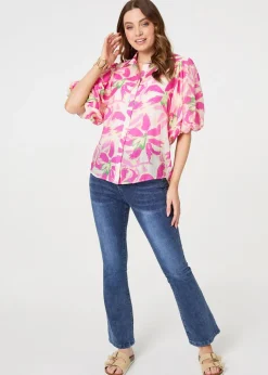 Izabel London Pink Floral Puff Sleeve Collared Shirt