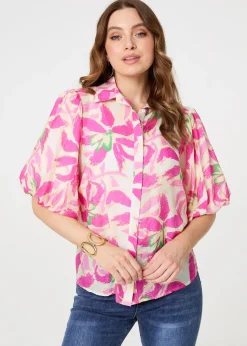 Izabel London Pink Floral Puff Sleeve Collared Shirt