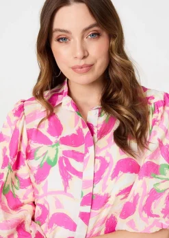 Izabel London Pink Floral Puff Sleeve Collared Shirt