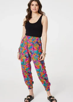 Izabel London Pink Floral Shirred High Waist Harem Pants