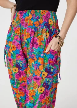 Izabel London Pink Floral Shirred High Waist Harem Pants
