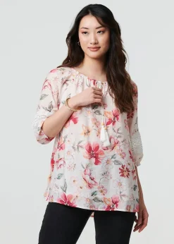 Izabel London Pink Floral Lace Trim Bardot Neck Blouse