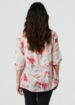 Izabel London Pink Floral Lace Trim Bardot Neck Blouse