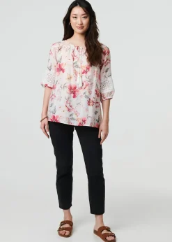 Izabel London Pink Floral Lace Trim Bardot Neck Blouse