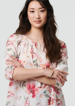 Izabel London Pink Floral Lace Trim Bardot Neck Blouse