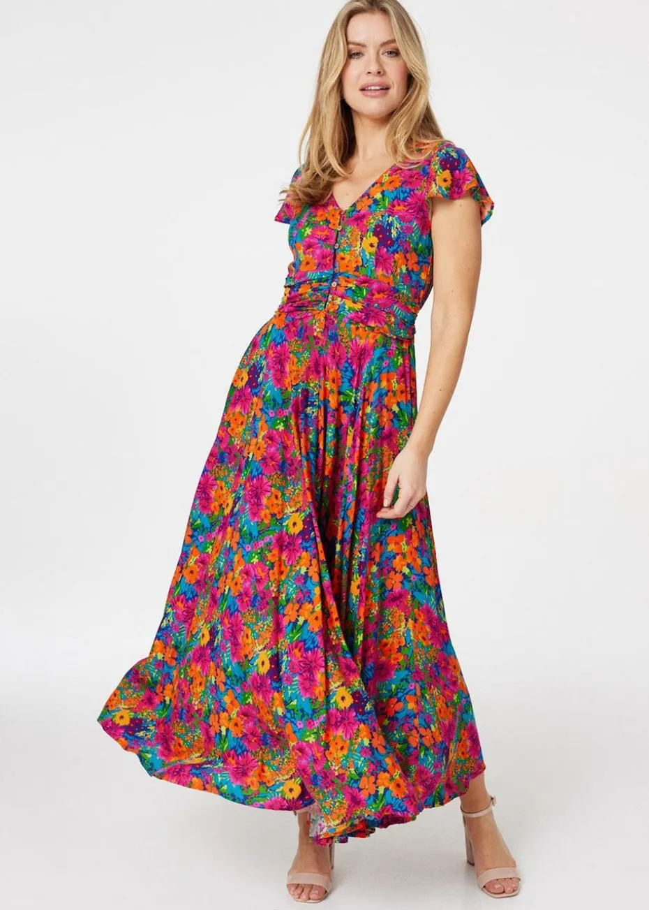 Izabel London Pink Floral Ruched Front Maxi Dress