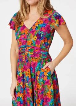 Izabel London Pink Floral Ruched Front Maxi Dress