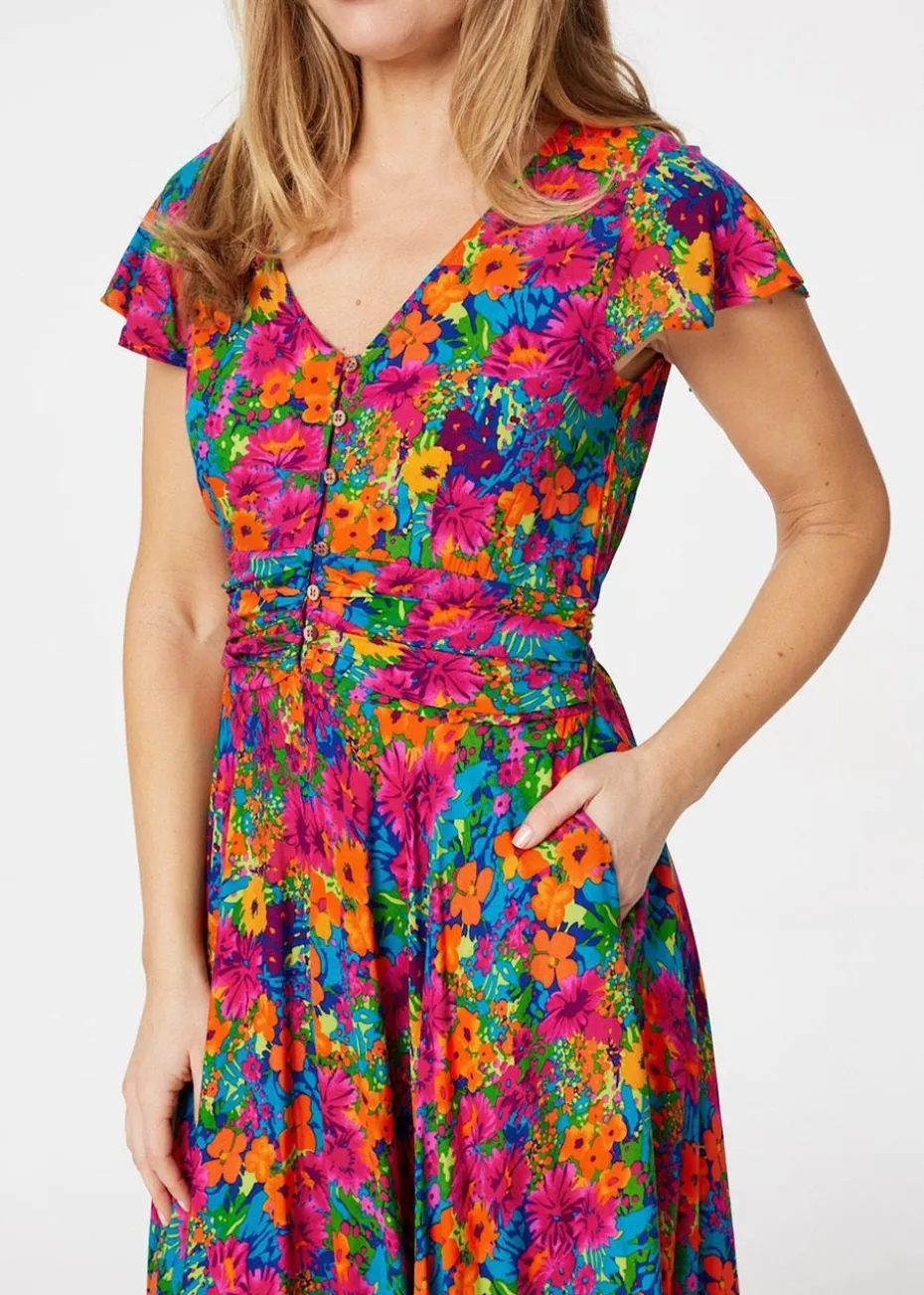 Izabel London Pink Floral Ruched Front Maxi Dress