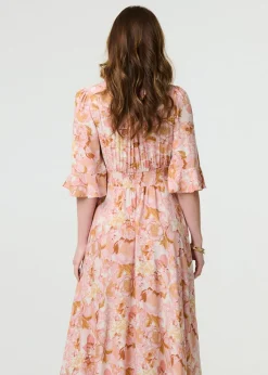 Izabel London Pink Floral 3/4 Flare Sleeve Smock Maxi Dress