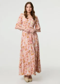 Izabel London Pink Floral 3/4 Flare Sleeve Smock Maxi Dress