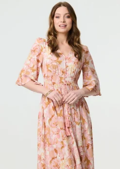 Izabel London Pink Floral 3/4 Flare Sleeve Smock Maxi Dress