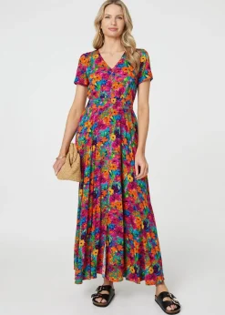 Izabel London Pink Floral V-Neck Short Sleeve Maxi Dress