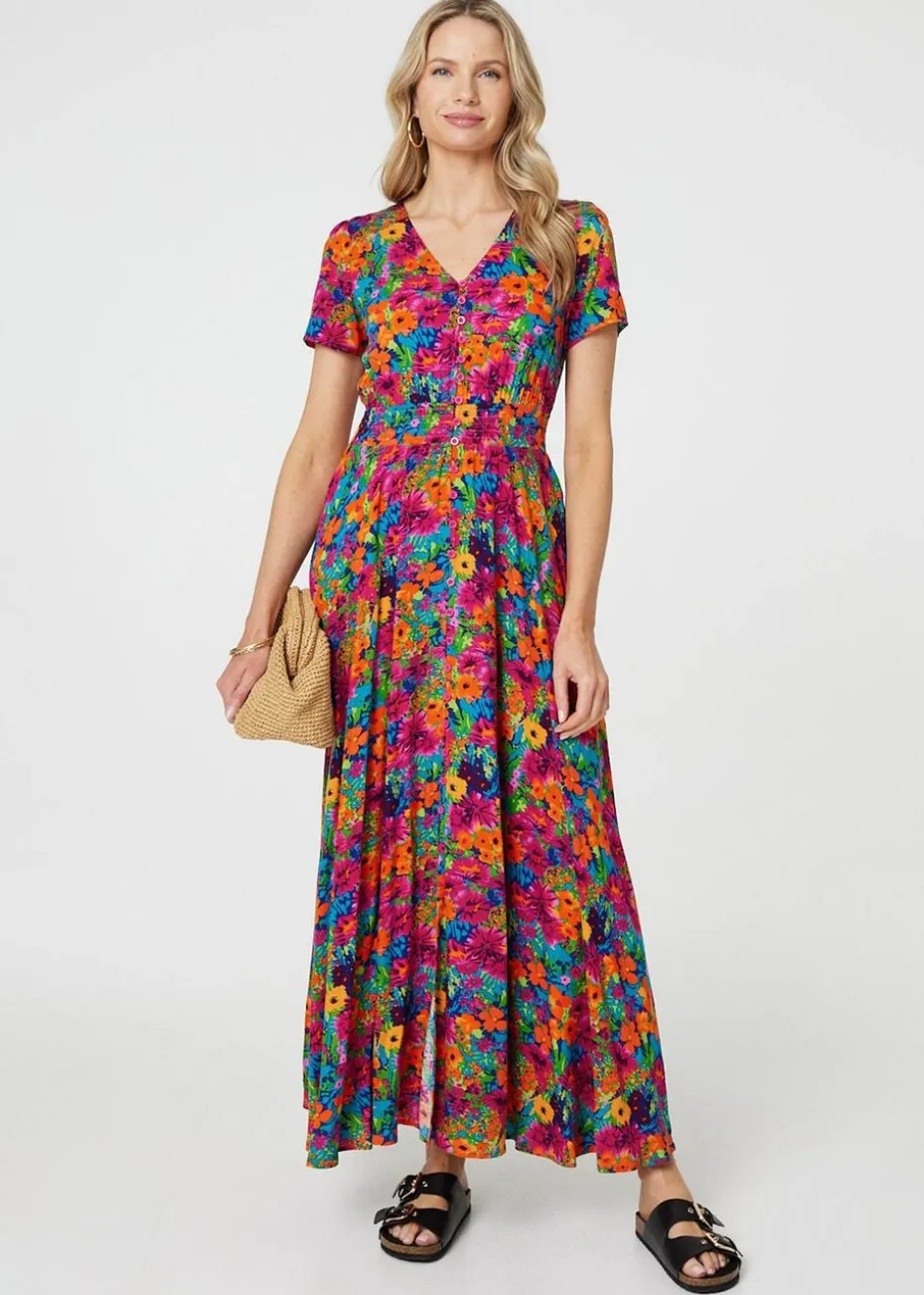 Izabel London Pink Floral V-Neck Short Sleeve Maxi Dress
