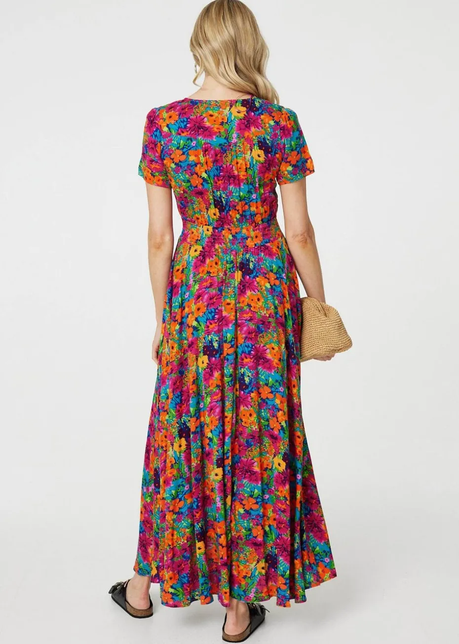 Izabel London Pink Floral V-Neck Short Sleeve Maxi Dress