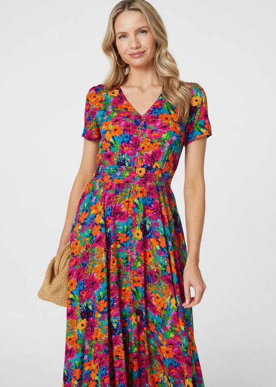 Izabel London Pink Floral V-Neck Short Sleeve Maxi Dress