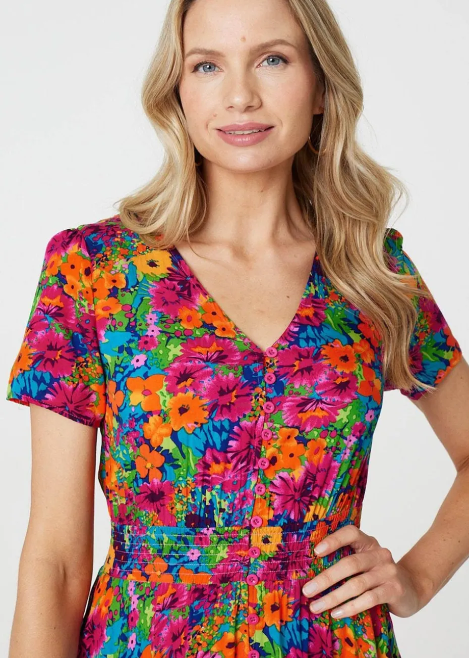 Izabel London Pink Floral V-Neck Short Sleeve Maxi Dress