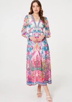 Izabel London Pink Floral Long Sleeve Empire Maxi Dress