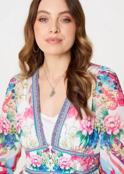 Izabel London Pink Floral Long Sleeve Empire Maxi Dress