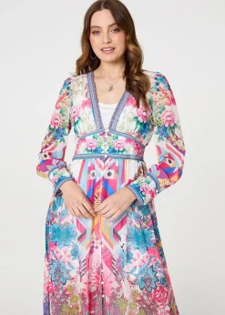 Izabel London Pink Floral Long Sleeve Empire Maxi Dress
