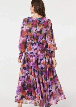 Izabel London Pink Floral Long Sleeve Ruched Maxi Dress
