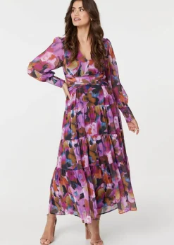 Izabel London Pink Floral Long Sleeve Ruched Maxi Dress