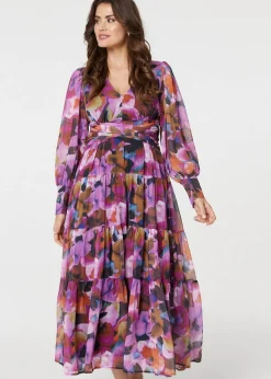 Izabel London Pink Floral Long Sleeve Ruched Maxi Dress