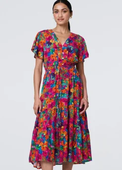 Izabel London Pink Floral Short Sleeve Tie Waist Dress