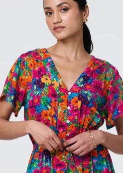 Izabel London Pink Floral Short Sleeve Tie Waist Dress