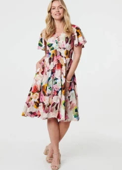 Izabel London Pink Floral Short Puff Sleeve Midi Dress