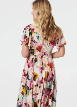 Izabel London Pink Floral Short Puff Sleeve Midi Dress