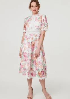 Izabel London Pink Floral Lace Trim Semi Sheer Midi Dress