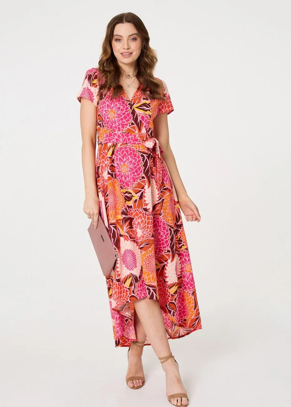 Izabel London Pink Floral Short Sleeve Tie Waist Midi Dress